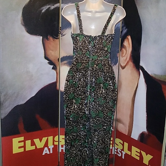 Tatyana Leopard Glam 1950's Pinup Velvet Pencil Halter Dress w Green Bow - Picture 7 of 8